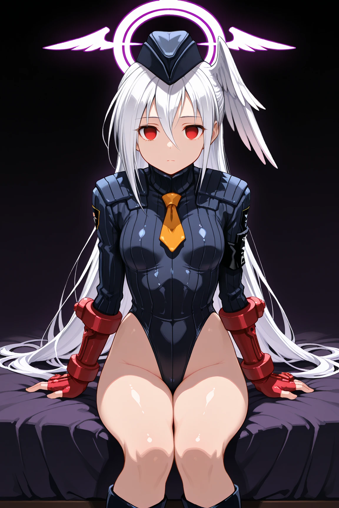 Masterpiece, Best Quality, Highly detailed, illustration, absurdres, street fighter, date a live, date a bullet, blue eye, red eye, white queen, tokisaki kurumi, doll suit, shadaloo doll, nazi salute, military, military salute, white-hair, 1 girl, solo, expressionless, emotionless eyes, looking at viewer, red gloves, emotionless, black latex, corrution, zofa suit, zofa soldier, mind control, female combatant, white skin, Heterochromia