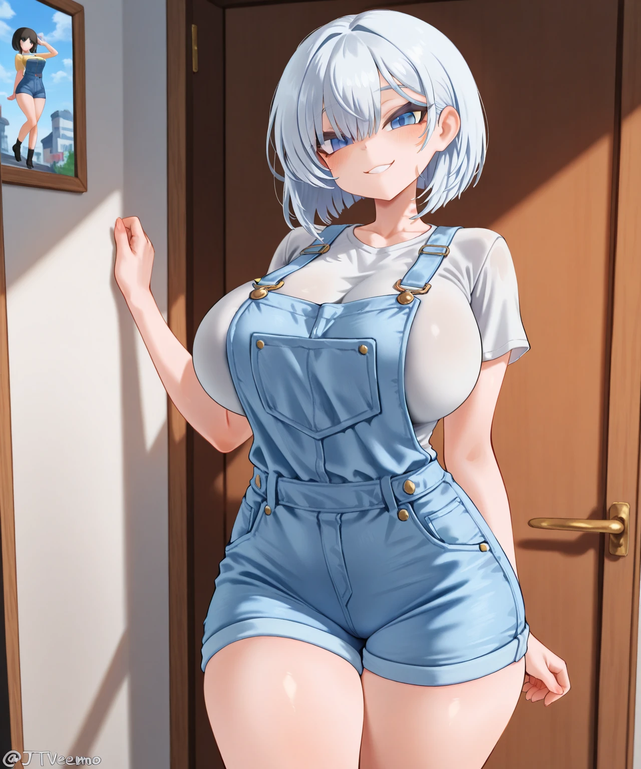 ((Best Quality)), ((masterpiece)), (detailed), 1 girl, short white hair, black locks, black eyes, cow ears, cow horns, big breasts, big thighs, cow tail, smiling expression, long tight blue dungarees pants, White T-shirt, bell necklace, short black gloves, In a farm