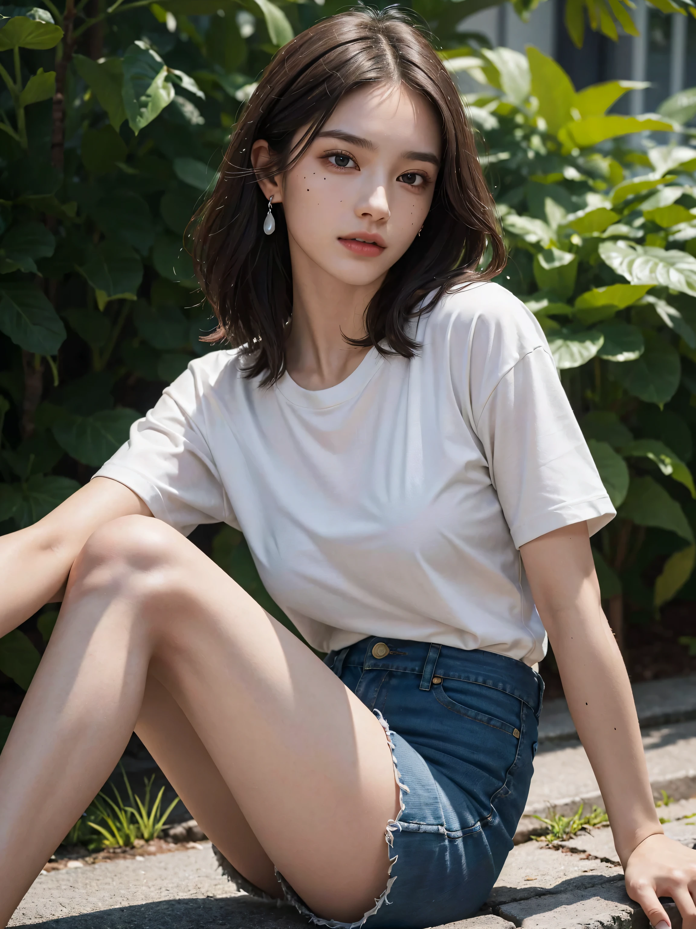 absurdres, RAW photo, extremely delicate and beautiful, masterpiece, Best Quality, ultra high resolution, 32k, hyperrealistic, ultra-detailed, delicate facial features, beautiful detailed woman, tearful mole, earring, medium breasts, (full body shot), medium hair, black hair, cap, T-shirt, baggy shorts, 