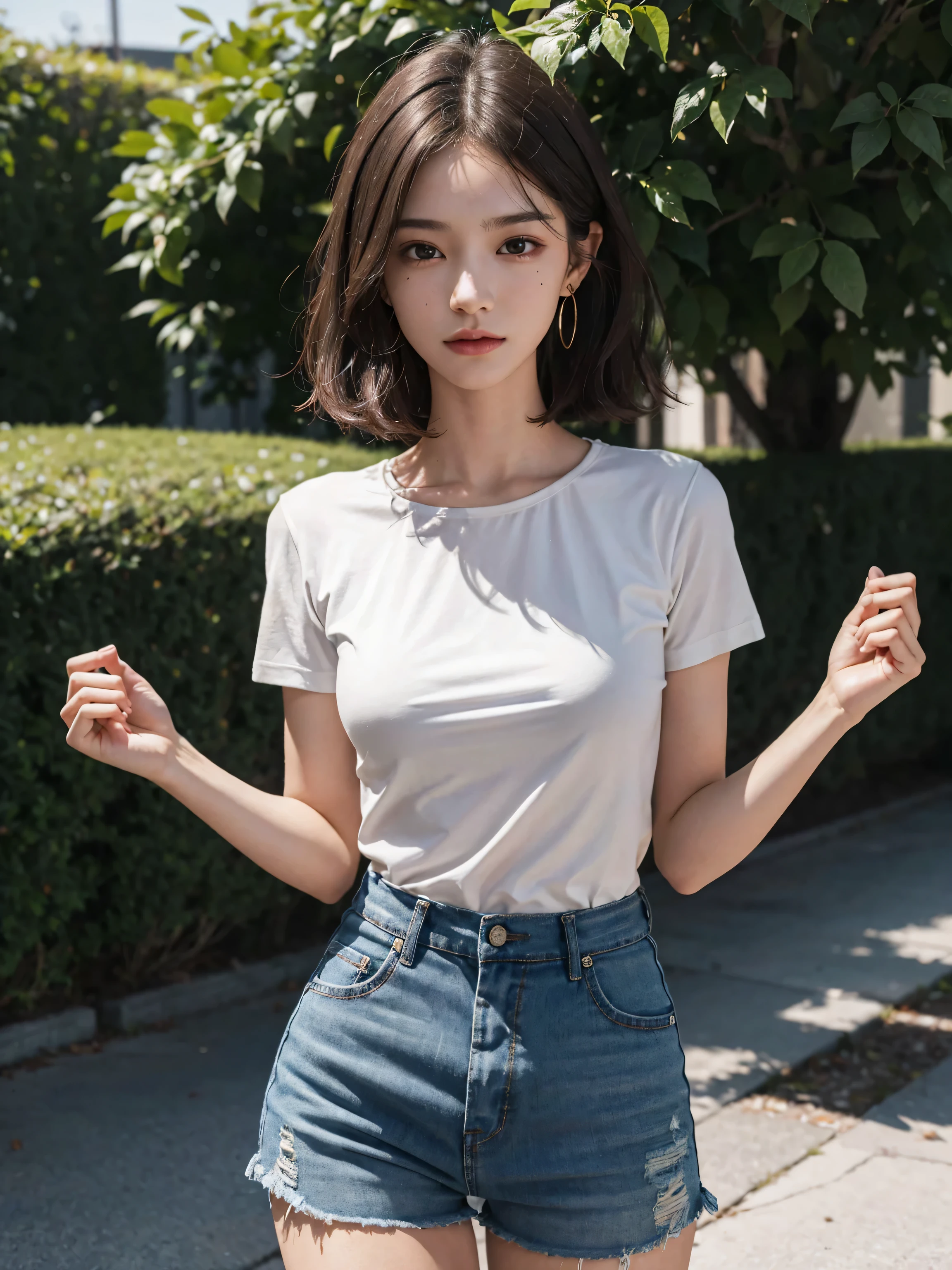 There was a woman standing by the wall,in a white shirt, with ripped crop t - shirt, wearing a crop top, Korean girl, Gorgeous young Korean woman, wearing a cropped top, wearing tight simple clothes, dressed in a white t-shirt, Casual clothes, korean women's fashion model, wearing a cropped top, wearing a cute top, wearing casual cloths