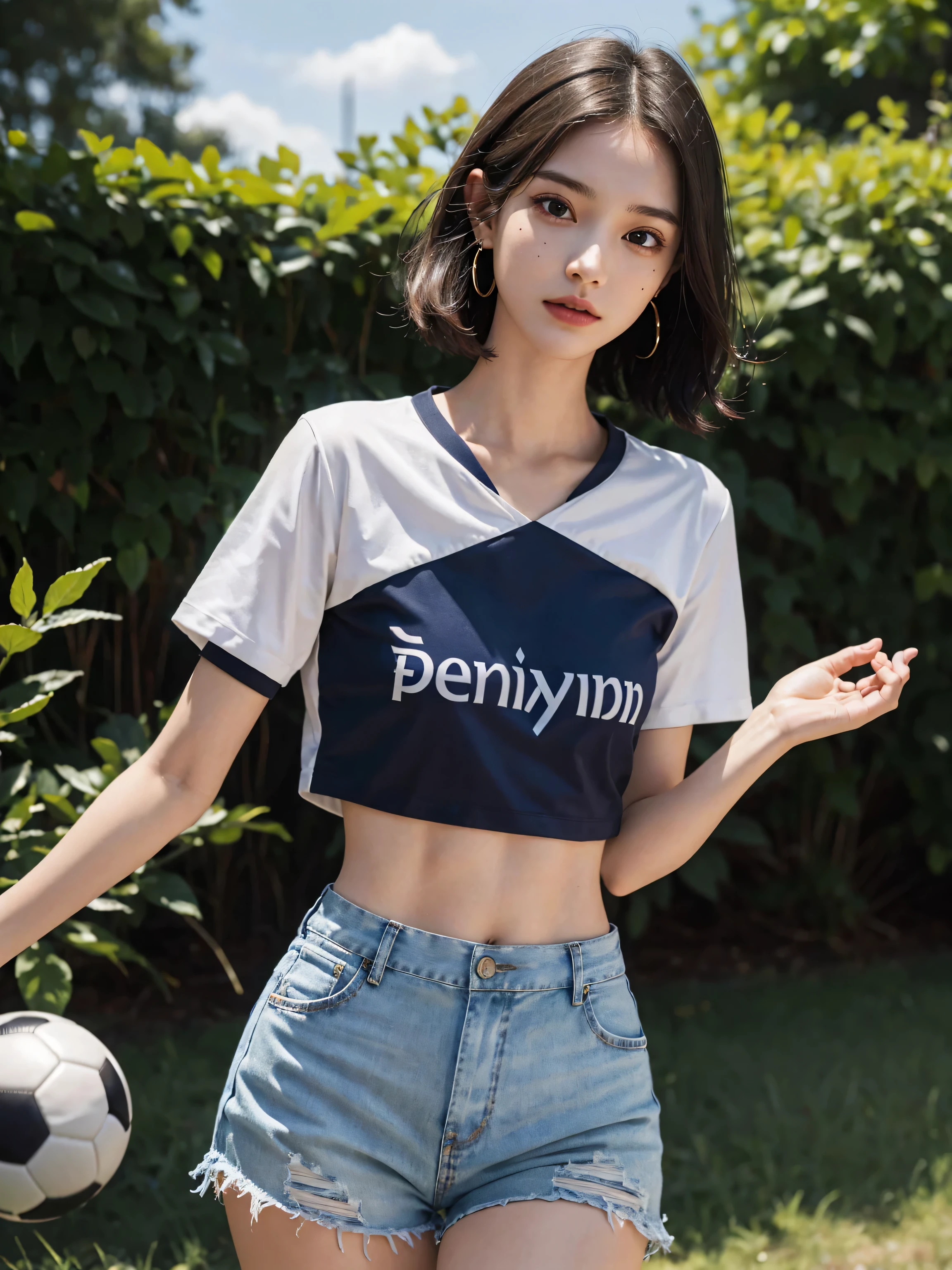 muste piece, best quality, illustration, Super detailed, fine details, High resolution, 8K,wall paper, perfect dynamic composition,(Details High quality, realistic depiction of eyes:1.3), oversized sport shirt, shorts women, small backpack, short bob hair, black hair color, Big Natural Color Lip, sexy pose, crying a little、cold gaze, Harajuku style、20 year old girl、cute type、lolita, hposing Gravure Idol, full body photo、focus on crotch, huge breasts