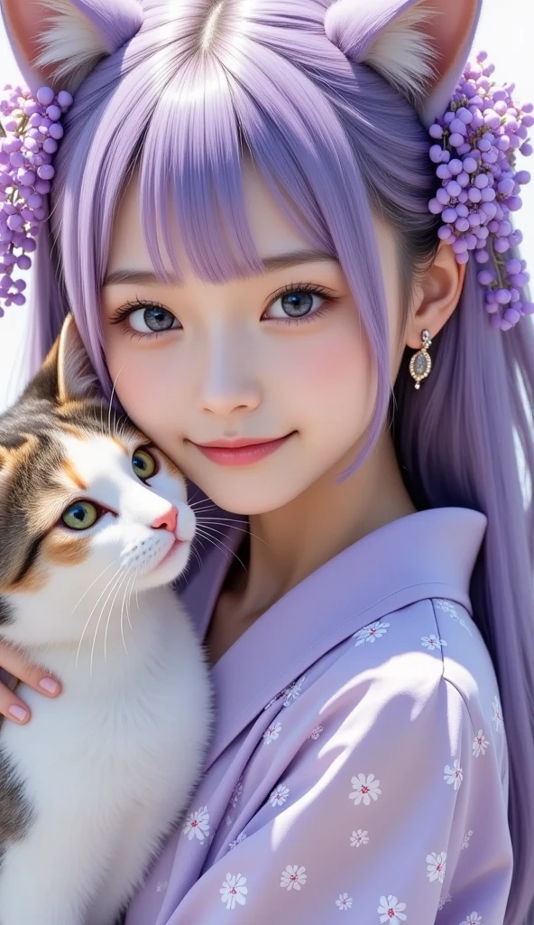Close up of a girl with cat and flowers in her hair, beautiful anime girl, beautiful anime portrait, cute anime girl, beautiful anime girl, young anime girl, realistic young anime girl, cute anime girl portrait, cute nature anime face, cute anime girl portrait, long hair anime girl, realistic cute girl painting, beautiful anime face, guvez, blue-purple clothes