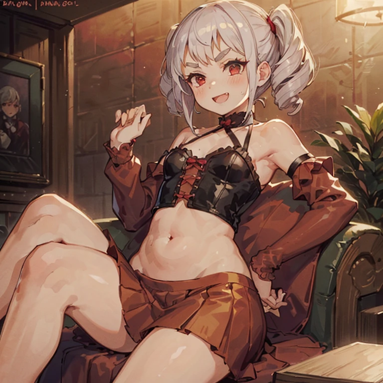 1girl, aegir \(azur lane\), azur lane \\\\\ masterpiece, best quality, very aesthetic, absurdres, newest \\\\\\ sportive body, perfect breasts \\\\\\ by nyantcha,,by cutesexyrobutts,by khyle ///// silvery white hair with a single prominent red streak, black horns, yellow eyes, living room, sofa, sit, lingerie garter belt, black openwork bra,big tits, black stockings, nothing extra on the neck, wearing a bathrobe, drink beer,drunk, smile, crossed legs
