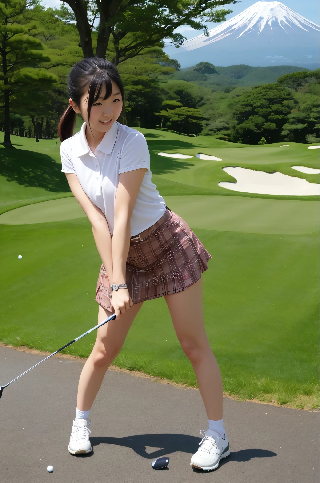 highest quality、8K、no makeup、masterpiece、ultra high resolution、clear pictures、professional lighting、Natural light、Cute Japan Boy、baby face:1.6、small breasts、big erect nipples:1.6、super slender、thin waist、delicate body、very short bob hair:1.8、brown hair:1.8、beautiful hair、thin legs、smile、Golf course、holding a golf club:1.8、Wearing golf wear:1.8、White golf wear、I'm wearing a dark blue tight mini skirt:1.8、on the lawn、towards the camera, squat with legs apart:1.8、She gets excited and shows off her white panties:1.8