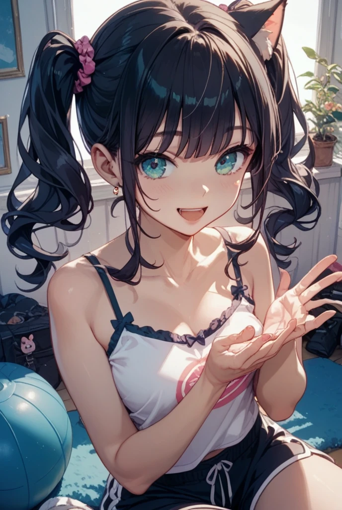 front view,looking at viewer, looking ahead,from above,cowboy shot,1girl,Beautiful 11 year old girl,Japanese,Slender,,low length,Small breasts,Thin legs,Small Ass,Baby Face,Small face,Black Hair,Row Twin Tails,Gray Eyes,Drooping eyes,middle School girls,A transparent black and blue negligee,Sexy Lingerie,open mouth,tongue out,front face,Kneeling,Put your chin forward,Beautiful and detailed anime art,Mischievous smile,Little devil look,Sexy vibe,cum on tongue,Dimly lit room,On the bed,Simple Background,Gray background,Pink lighting,pointing at self