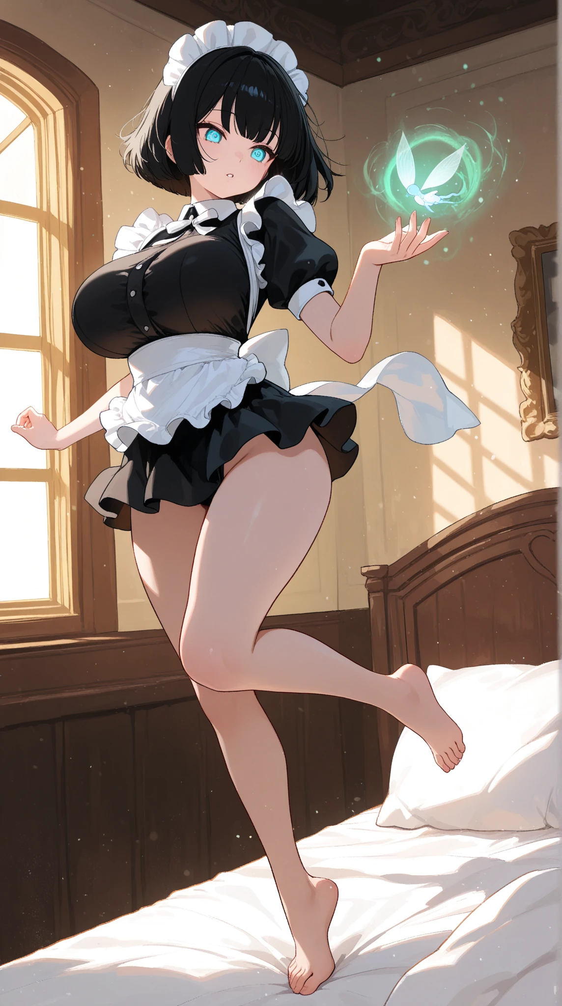 (1 solo skinny childish maid standing in dark bedroom:1.3), (large breasts), (inconceivably narrow waist), skinny long legs, highheels, frilled maid dress, (curtsey:2.0), (lift own skirt up:1.5), (show off white string panty:1.3), (show off cameltoe for viewer:1.3), nsfw, (orgasm), pussy juice
