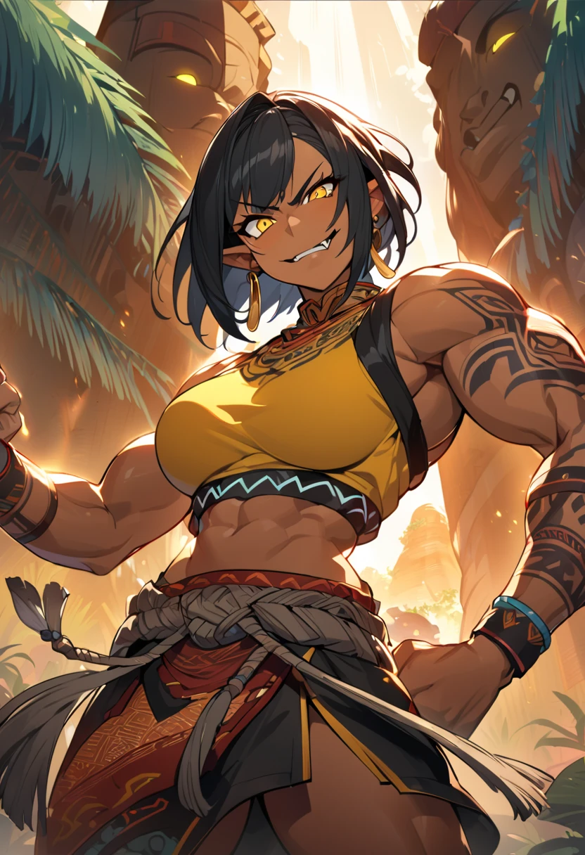 masterpiece, best quality, official art, 8k wallpaper, extremely detailed, highly detailed, ultra-detailed, detailed skin, beautiful face, anime,
young, (cute:1.2), short, petite, (shiny skin:1.1), (detailed skin:1.1), (dark skin:1.2), short hair, (black hair:1.1), (wavy hair:1.1), (brown eyes:1.2), (wide hips:1.2), huge breasts, (cleavage:1.2), chubby, muscular, large arms,
(:D:.8), smile, happy, hands on hips, facing viewer, (looking at viewer:.7), sitting on viewer, leaning forwards, leaning close, kneeling, looking at viewer,
(detailed background:1.2), outdoors, forest, jungle, sky,
(tribal, primitive, prehistoric:1.2), tribal tattoos, (warpaint:1.2), bone jewelry, gold armband, warrior, (loincloth:.5), chestwrap, (hand:.3)