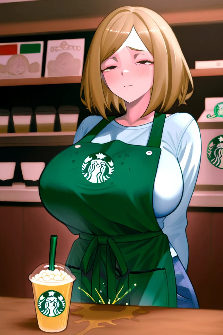 1 girl, (Ponytail hair, blonde), (Only wearing a dark green apron, off-shoulders, Show cleavage), (Sitting on a bench), (Big breasts, Big Thighs), squat pose, Spread legs, show pussy, ahegao expression, in the coffee shop