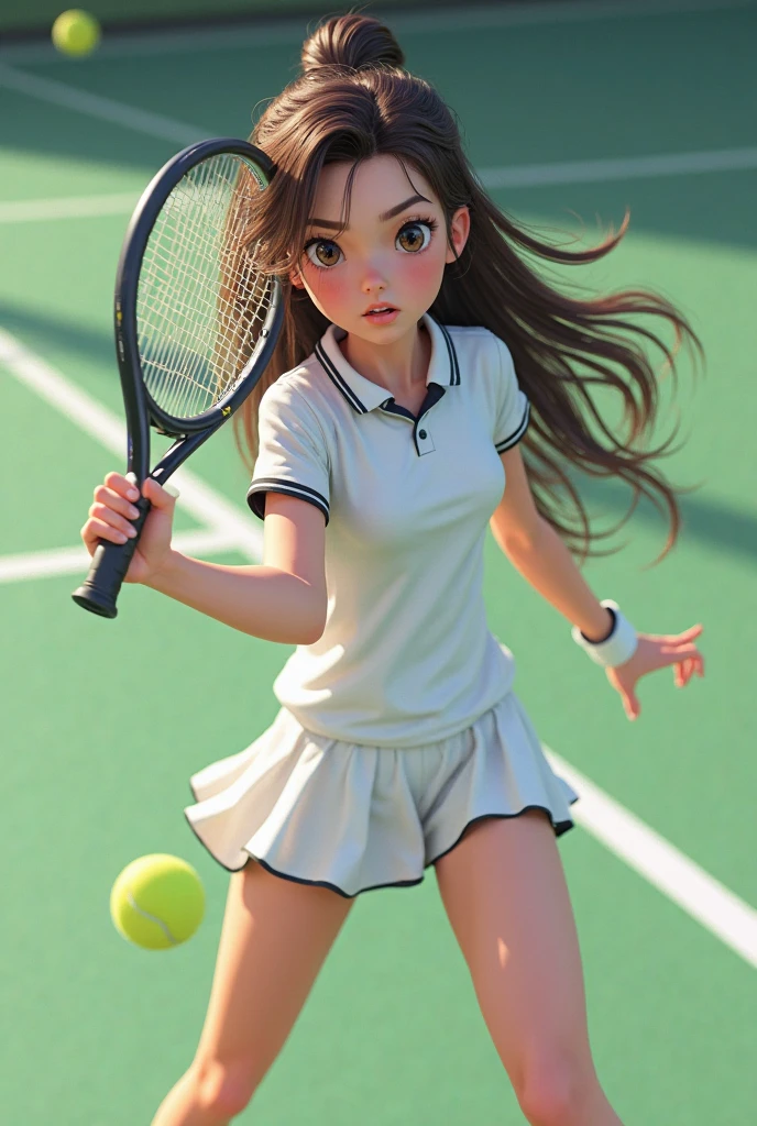  masterpiece, (textured skin), best quality, gorgeous beautiful girl, (a female tennis athlete), detailed clothes,large breasts,narrow waist,, (beautiful face), cinematic lighting, (at tennis venue ),