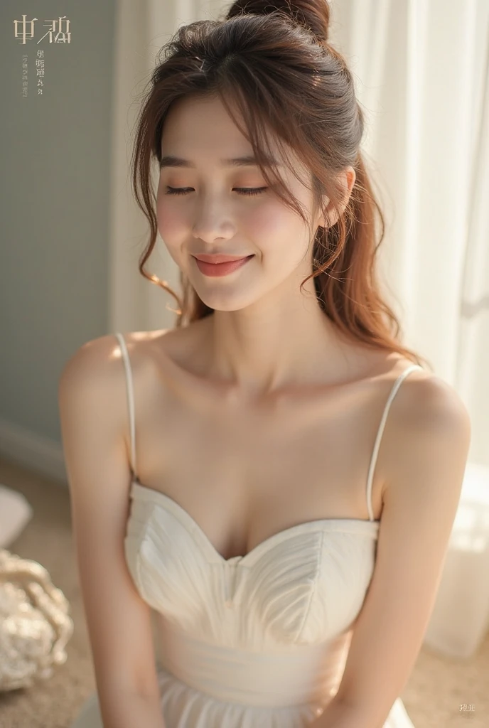 (highest quality,4k,8K,High resolution,masterpiece:1.2),Super detailed,(realistic,realistic,realistic:1.37),Slow Sports,woman,flowing long hair,Off-white iris,empty gaze,plump pink lips,White flowers bloom at the tip of my hair,elegant,medium shot,black dress.delicate long legs,big breasts,cleavage,sexy look,smile