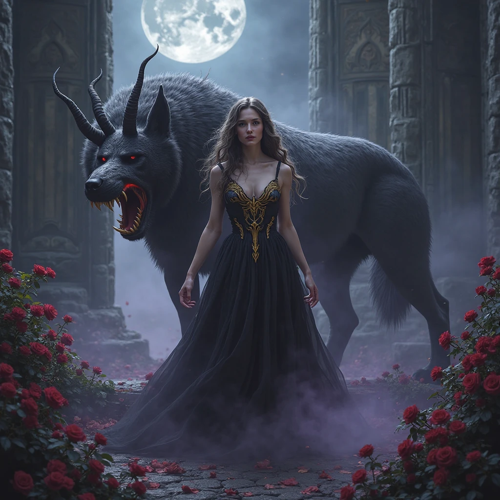 a sacrificial virgin woman, distressed expression, flower body decorations, beautiful detailed face and eyes, long eyelashes, airy sheer white dress, chained ankles, on a sacrificial nook on a cliffside, an eldritch beast with a slime blob body and many mouths approaching, dramatic lighting, dark moody atmosphere, cinematic composition, fantasy, dark fantasy art, muted color palette, chiaroscuro lighting, photorealistic, highly detailed, masterpiece