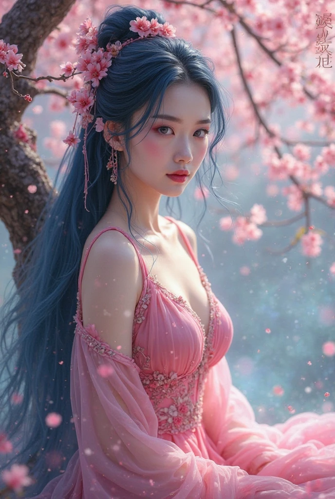loose outfit、Show shoulders、How to wear a gown with a broken see-through halter neck、Decorated with intricate patterns and bright colors、Transparent material that makes the skin shine、Artistic depiction of seductive woman in gown with wet thin cloth and transparent skin, Floral and fantastic pattern with flowing silky traditional see-through skin。Her dress draped elegantly around her curvaceous figure、Emphasizes her charming silhouette。She's a gentle fireworks night、Dynamic Posing、Sexy Posing、bathed in the soft glow of moonlight。The scene is、With a hint of mystery and sensuality、It exudes an ethereal dreamy atmosphere。The image style is、Incorporates a blend of watercolor and digital illustration techniques.、It makes you feel delicate beauty and charm。Soft moonlit lighting、Cast gentle highlights and shadows on her mesmerizing features。Dynamic Posing、Bold poses、The hand is somewhere、see -through、show through、A sexy、Wet hair、Wet、cherry trees、flower petals、cherryblossom、The cherry tree、Sakura blizzard、buried、Transparent skin、Wet clothes、Chest Pulling、Translucent clothes、On the water、