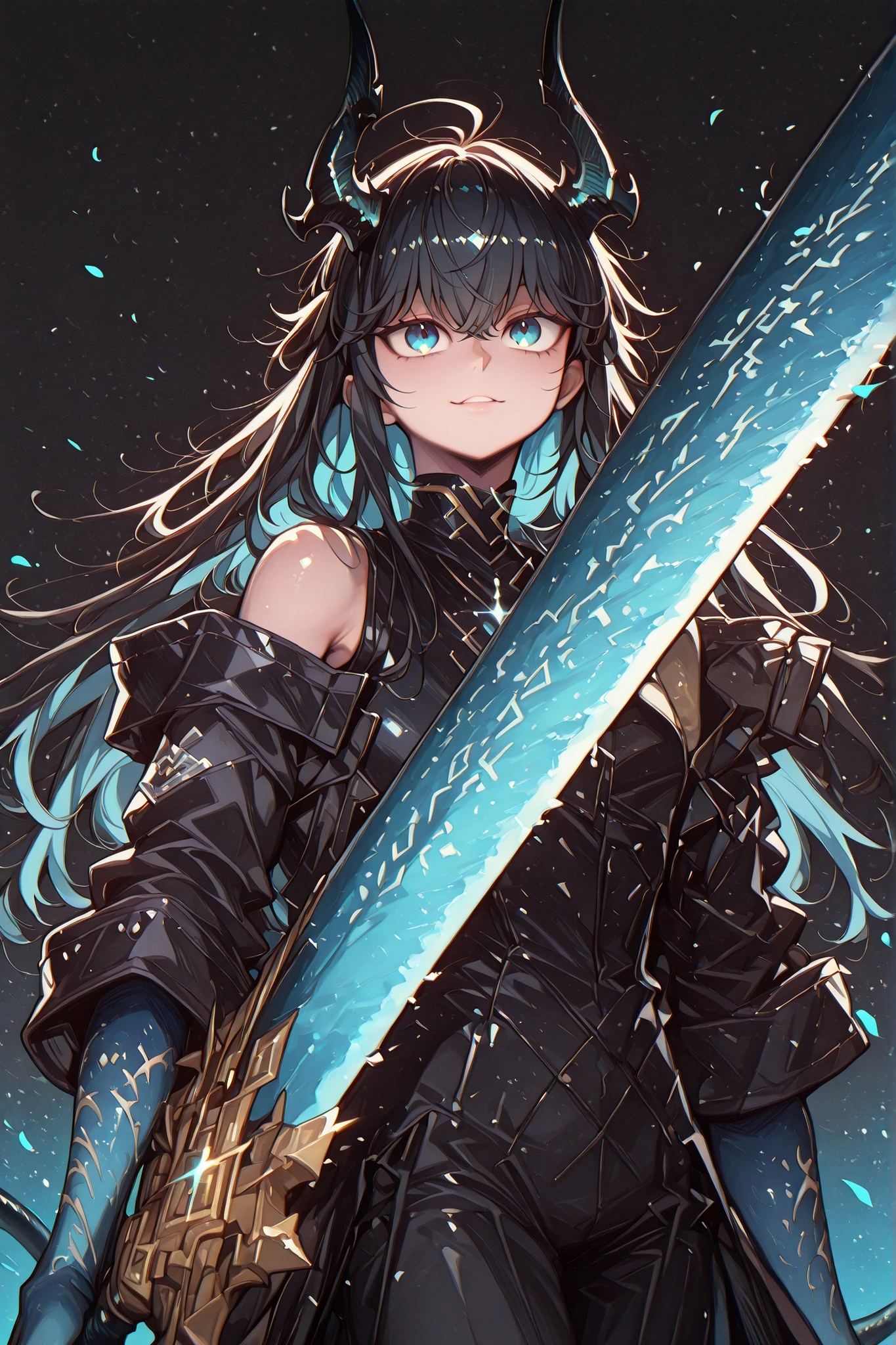 alone, 1 boy, young character, character with the height of Killua Zoldyck from "Hunter x Hunter", the character is male, young, black horns like Reed The Flame Shadow from "Arknights", black tail like Reed The Flame Shadow from "Arknights" with sky blue flame on the tip of the tail;
black hair with blue inside, the character's hairstyle must be the same as Killua Zoldyck from "Hunter x Hunter", long bangs, the character's face must be the same as Killua Zoldyck from "Hunter x Hunter" but with blue eyes, flashy blue eyes, provocative face, provocative smile, young, perfect and beautiful face;
perfect anatomy, arms with colorful design like Dusk's, arms with sky blue color, hands with sky blue color, hands with claws, shoulders with sky blue runes;
black coat like Dusk from "Arknights", the coat should fall down the arms leaving the shoulders exposed with the sky blue runes visible, the inner clothing should be black with gold details and should be tight to the body with a futuristic cyberpunk style design (full black), blue arms exposed, shoulders exposed, short stature;
holding a gigantic greatsword whose blade is longer than the character's height, gigantic greatsword completely black, immense and black blade;
black background, attack position "holding a gigantic greatsword whose blade is longer than the character's height, gigantic greatsword completely black, immense and black blade", looking at the viewer, and hands with blue details, arms colored in the style of Dusk from "Arknights" but in sky blue;
Flashy pose, shoulders and head exposed, close to the face, looking at the character, looking at the viewer, face to face, provocative smile, confidence, male character, character is a young boy, character has a physique similar to Killua Zoldyck from "Hunter x Hunter";