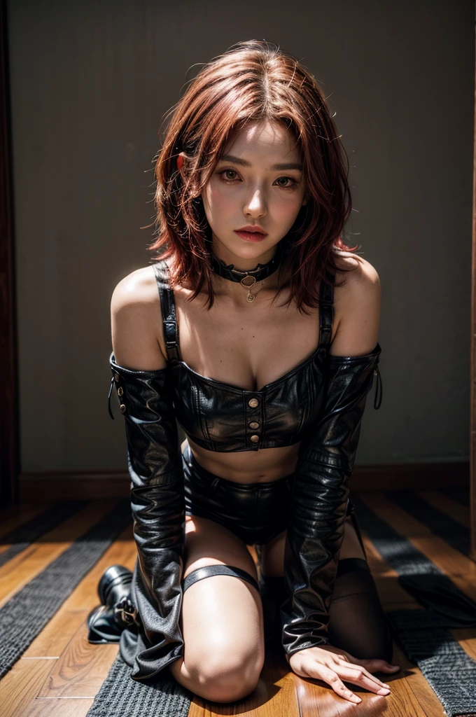 Ell4JoTI,(Fishnet Leggings,chain, chain cell:1.2),Recumbent,Dan Winters style,cru photography,Film grain,photo taken with a Bolex H16,cru,portra 400 graduated color film,remarkable color,realistic dull skin noise,analog style, Red hair and blue eyes, highest quallity,skin pore,sharp focus,Spotted lighting,Film grain,photographed on a Sony A7R IV,18mmF/1.7 cinema lenses