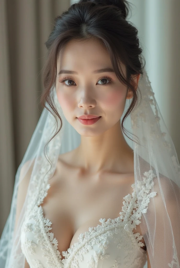 ((best quality)), ((masterpiece)), (detailed), perfect face, american wedding dress, 4K, Big Boobies, straight hair, blue eays, red lipstick, Smile, white body, full body, wedding Crown on hed, costly wedding decoration, happy pose
