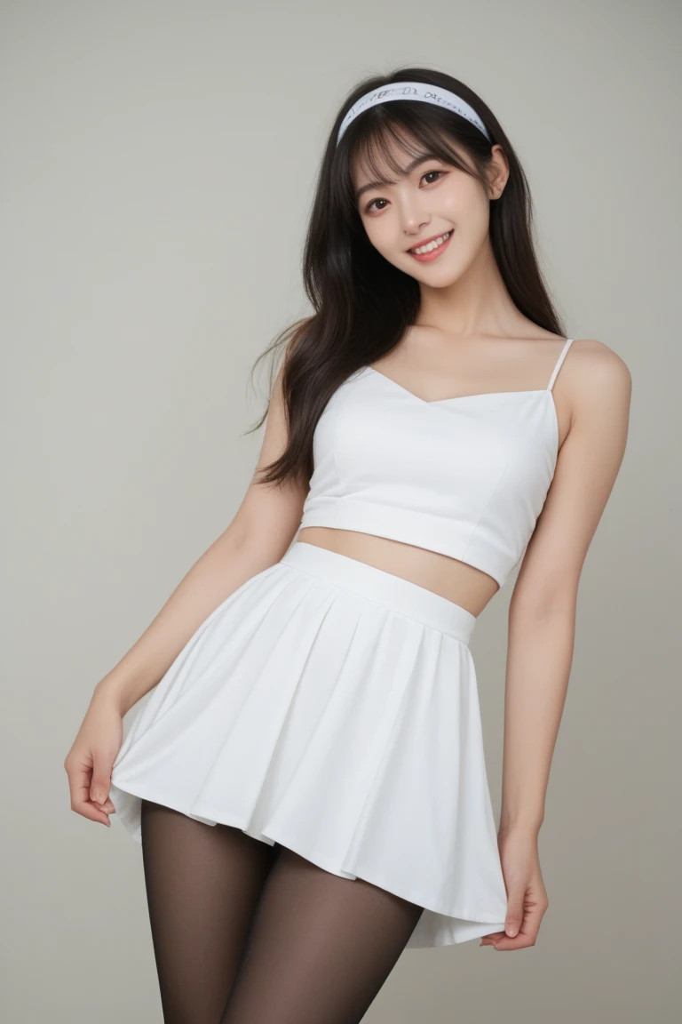 cute、Asian、White long sleeve crop top、White Skirt