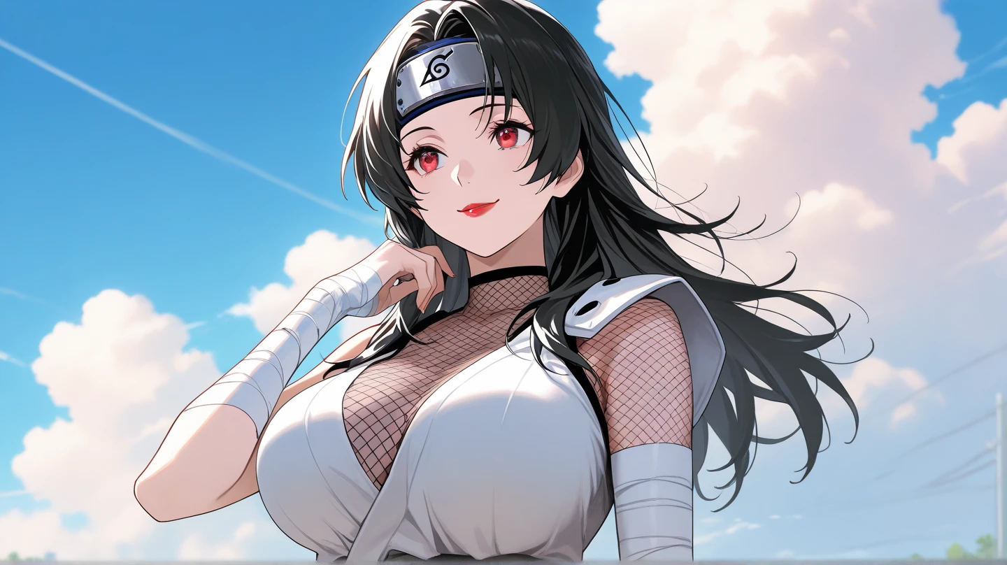Nar_Kurenai_Yuhi，Forehead Protection，bandagens，corpo inteiroesbian，olhos vermelhos，Wariza，Traje fora do ombro，clivagem，peito pequeno