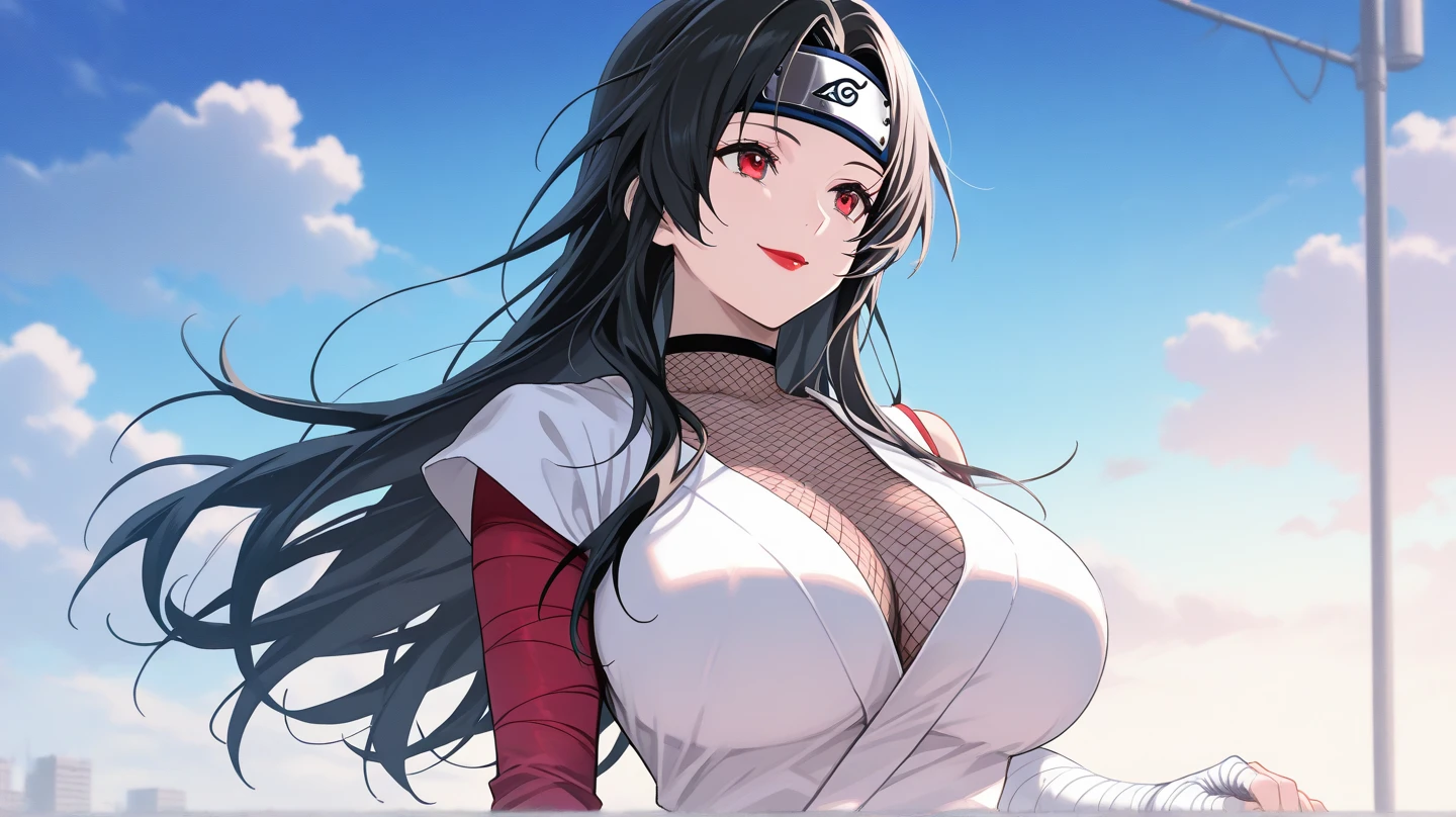 nar_kurenai_yuhi,Forehead protector,Bandages,(Arashi:1.2),Red eyes,,Makeup,huge tit,areola of breast,tit