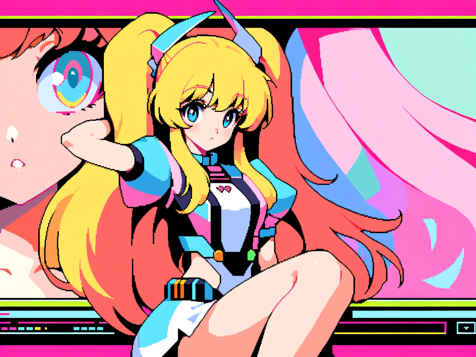 Cartoon robot girl in red dress and pink bow, Amy rose dress, beautiful mouse - girl, cartoonish style, hacking, loli in dress, female furry mini cute style, Cartoon Cute, The hand emits an electric current,Has an energy unit,Robot girl with long pale yellow hair and blue pupils,blue color eyes,Hung with a pearl necklace,pixal style,Melancholy silence。