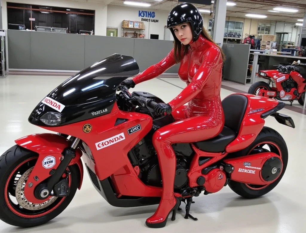Alaf posing on motorcycle in green and orange costume, wearing atsuko kudo latex outfit, shiny plastic bikini, Ayaka Cosplay, Young Pretty Gravure Idol, shiny plastic, sexy-S 100, Young Gravure Idol, Young skinny gravure idol, sitting on cyberpunk motorbike, motor cycle, motorbiker, Young Sensual Gravure Idol