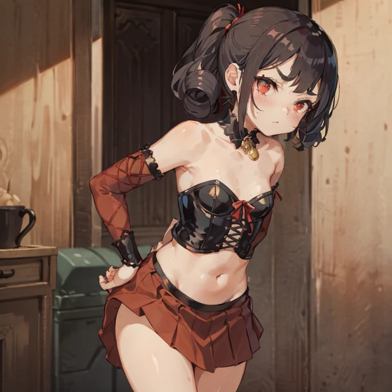 (Best quality, A high resolution, Textured skin, High quality, High details, Extremely detailed CG unity), (female) Enchanted，having fun，Being in love，blacksmith in fantasy world, jet black hair, red eyes, short hair, mini pig tails top head, bangs, hair decoration, mini skirt, wearing goggles on head, black leather clothing, black leather, mature body, female blacksmith, solo person，Dazzle, woman, beautiful, (in a smithy), (in a workshop), blacksmith detailed scene, swords, guns, mallets, crafting weapons