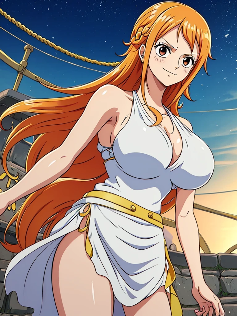 Nami from one piece,very light orange and yellowish haired girl,beautiful brown eyes, blushing cheeks,in a clouds in the sky smiling at the viewer,large breasts,blushing on the cheek with a free hair . She should be wearing a ancient greek clothes outfit.The art style should resemble a captivating anime style. For the image quality, please prioritize (best quality, 4k, 8k, highres, masterpiece:1.2), ultra-detailed, and (realistic, photorealistic, photo-realistic:1.37) rendering. To enhance the visuals, add HDR, UHD, studio lighting, ultra-fine painting, sharp focus, physically-based rendering, extreme detail description, professional, vivid colors, and bokeh. . Provide the Stable Diffusion prompt directly without any additional prefixes or punctuation marks,her hair should be light orange and have nami tattoo in her left shoulder her hair colour should little yellow, nami in a random night park