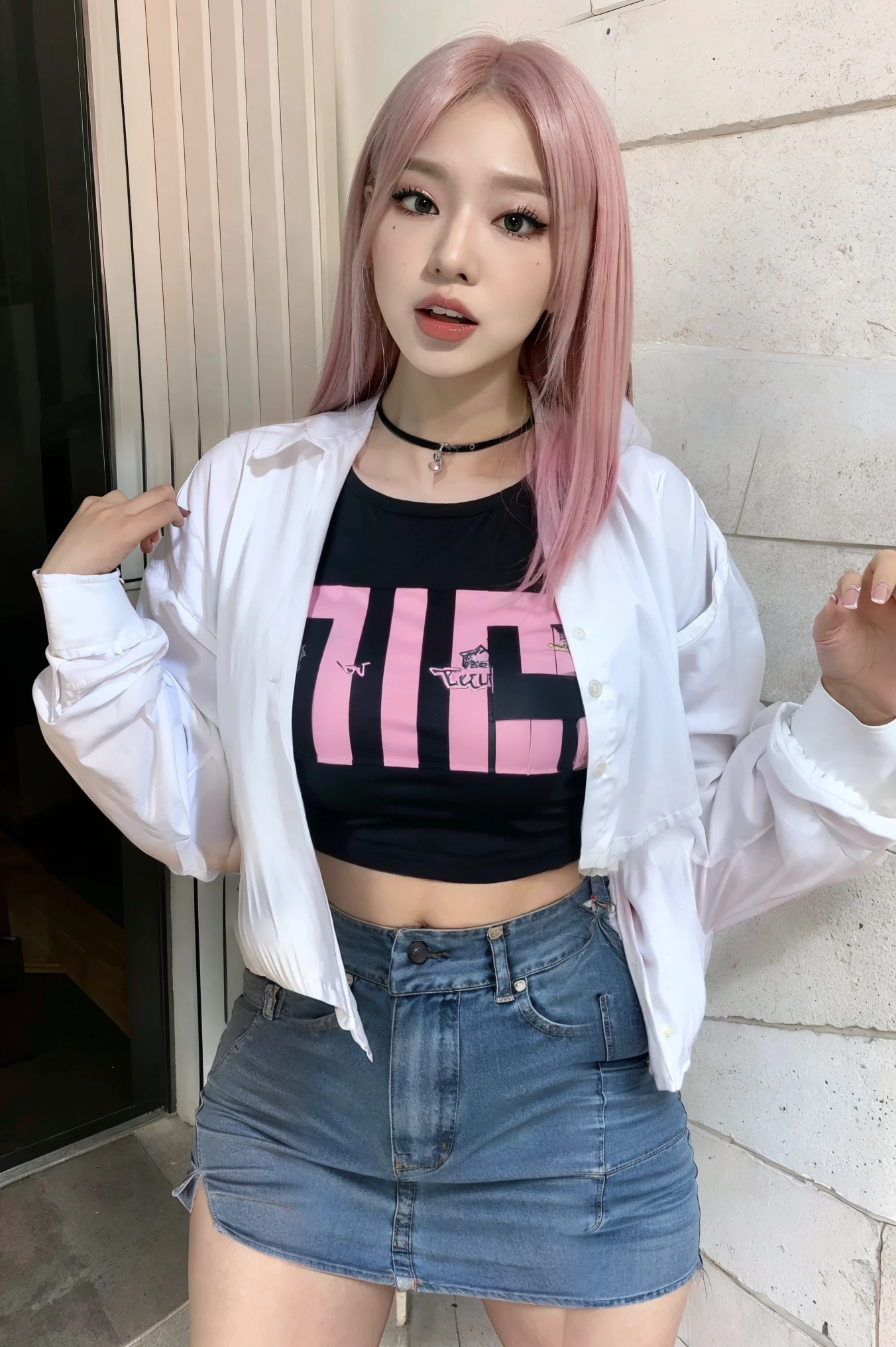 (8k:1.27), best quality, masterpiece, ultra highres:1.2), arrested lesbian goth delinquent girl with arm tattoos, tattooed girl, full body picture, blue oversized knotted prisoner t-shirt with white letters, short big sleeves, blue short inmate pants tied with a rope, dyed pink hair, short pink bob hairstyle, pink hair bangs, kneeling in a prison cell, handcuffed, hands tied with rope behind body, submissive neck choker and leash in neck, 4k or 8k picture, looking down sad, paisley bandana ribbon hairband, nose septum piercing, wearing dirty old clothes, smelly, barefoot, praying