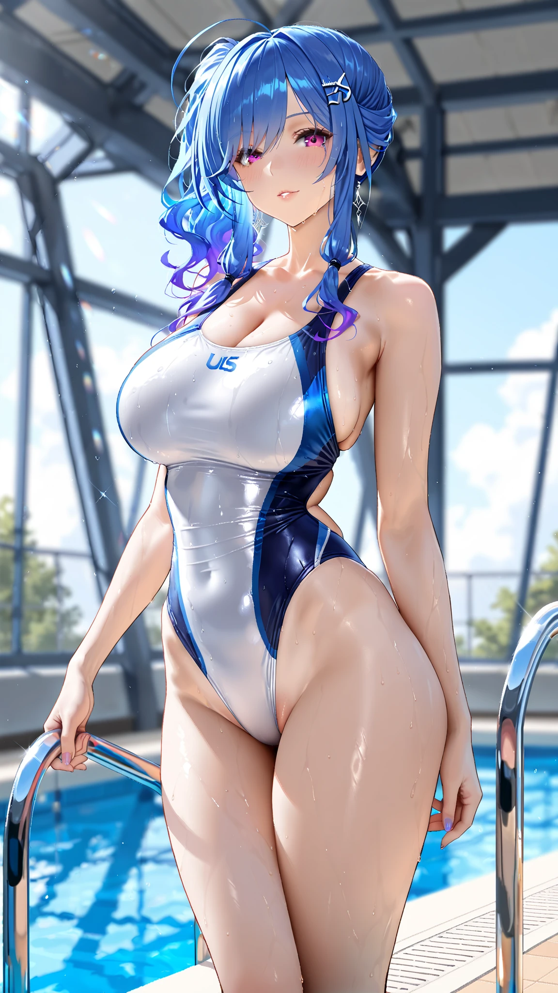 Beauty(A navy blue school swimsuit that is so shiny it reflects light.)、high school girl、Blue Hair、Obscene pose、She's a pervert、blush、Breast size of F cup、Big Butt、Heavy sweat all over the body、Love juice drips from the pussy、Squirting from pussy、Love juice overflows、Excessive sweating from underarms、A lot of pubic hair growing from the pussy、Pull down the straps of your swimsuit to reveal your nipples、Nipples are visible、I can see the pussy