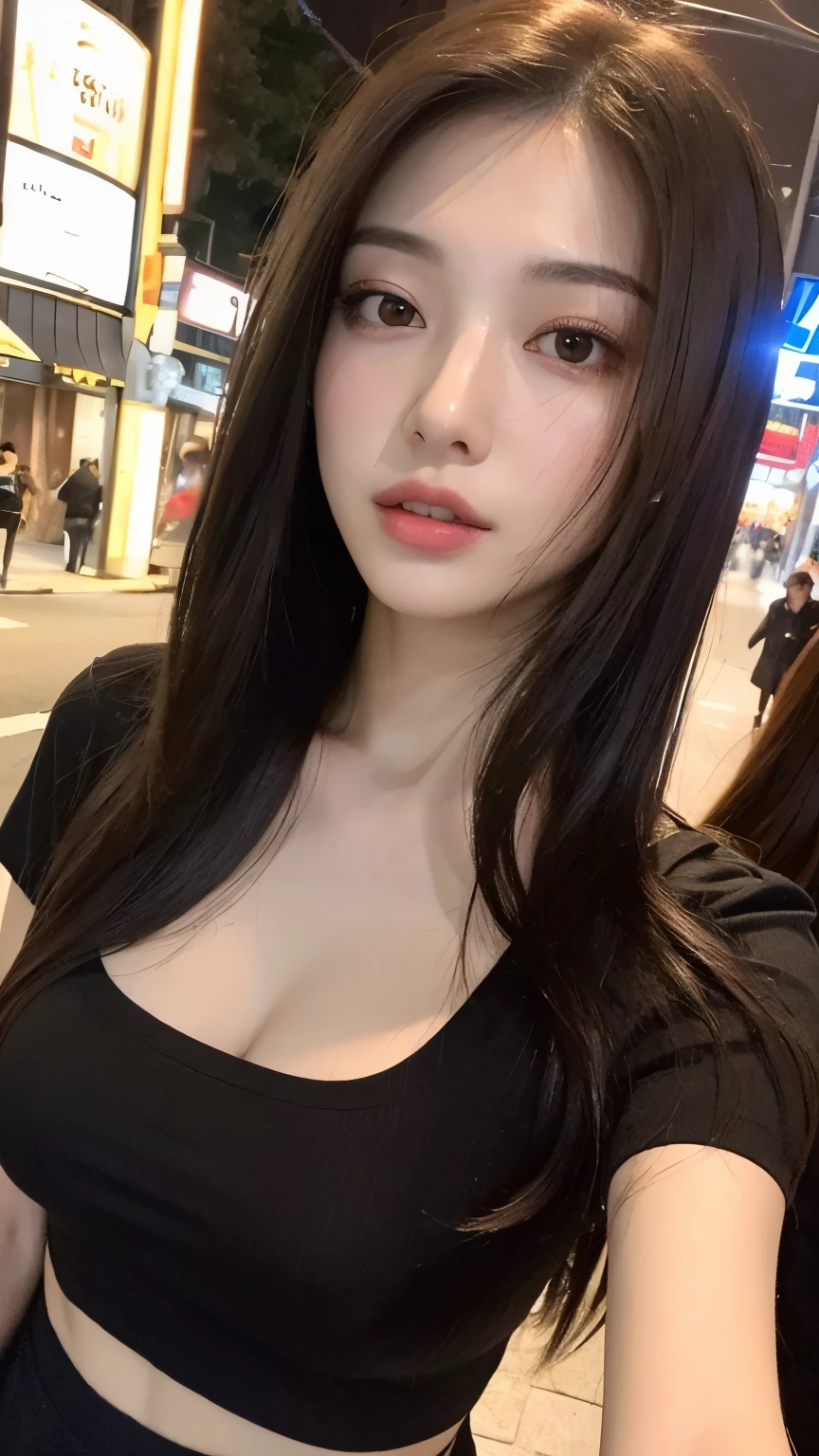 ((Midnight, Best quality, 8k, Masterpiece :1.3)), Whole body, Long legs, Sharp focus :1.2, A pretty woman with perfect figure :1.4, Slender abs :1.1, ((Dark brown hair, Big breasts :1.2)), (Crop top shirt, Low waist pants, Standing:1.2), ((Night city view, Rooftop:1.3)), Highly detailed face and skin texture, Detailed eyes, Double eyelid