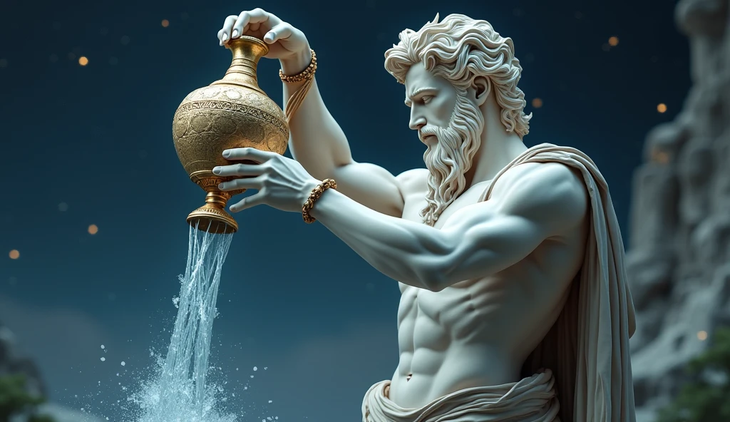 Statue grecque masculine dans l'espace qui tient la Terre dans sa main et verse du sel dessus