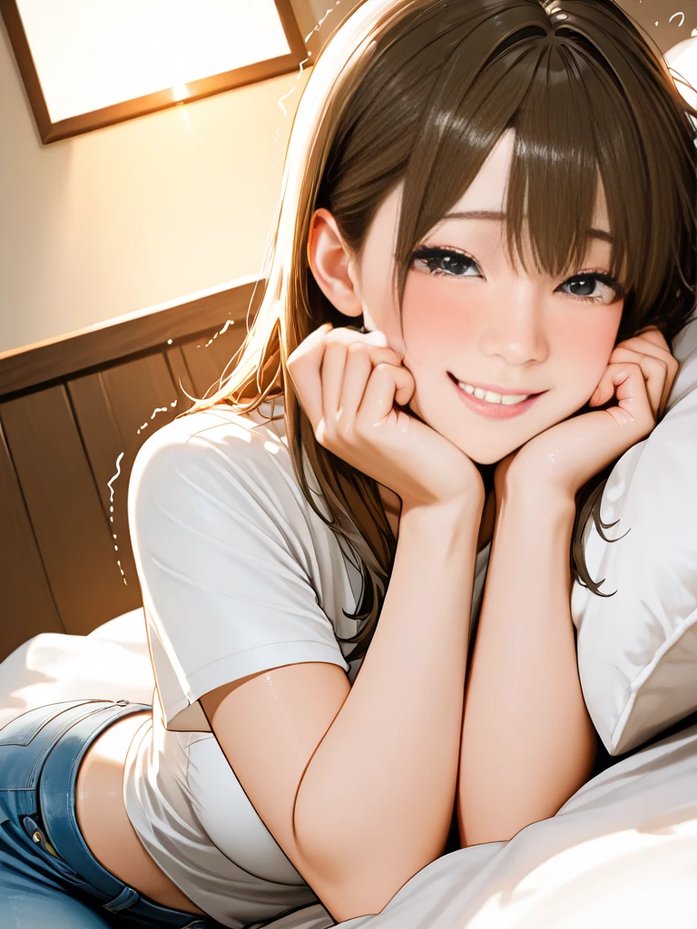 Masterpiece, best quality, 1 girl, alone, look at mobile phone, chest, mature woman, collarbone, Random Hairstyles, bedroom, lying on the bed, play mobile phone, Secondary outfit, depth of field, playful mood,Big smile