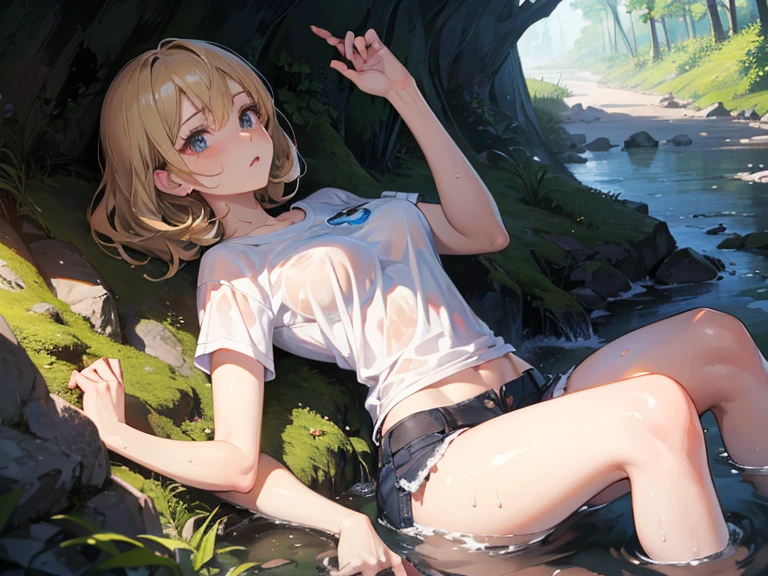 Girl Doll,Solitary,rest,((Top view)),(The zipper is not closed),Blonde,elegant,Pointed ears,whole body,Chinese element pattern,thigh,(((Leaking thigh))),full,Transparent openwork,Deep V,(triangle denim shorts),stocking,leggings,(Brushstrokes,Impressionism,painting,Rich scenery),Disheveled,Chest contour,(((Wet clothing))),(((Ultra-thin clothing))),((Flesh outline)),Grinning