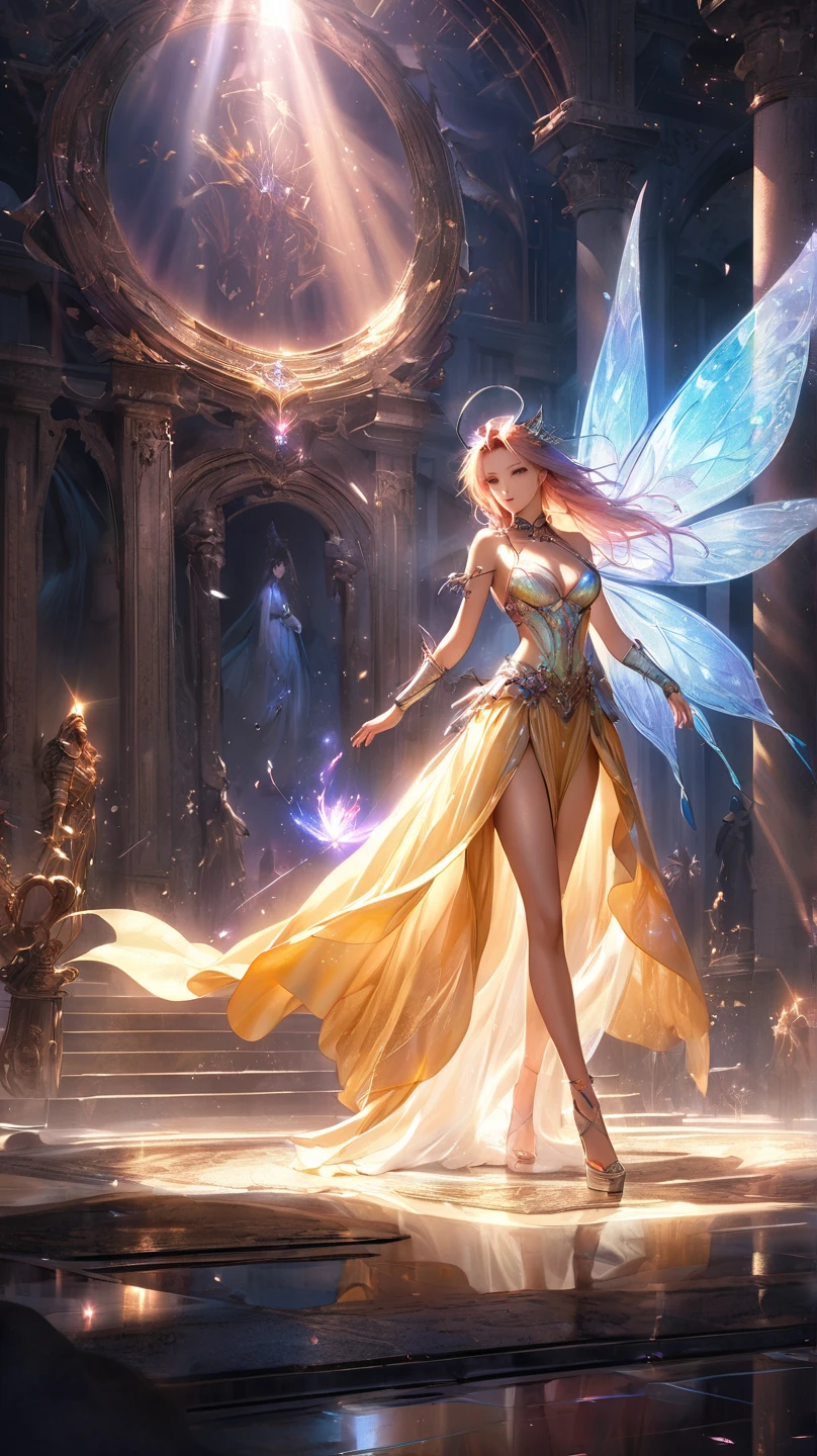fine art masterclass splash spray trickle daubs of rainbow opaline Prisma Sakuraoil color,Steampunk celestial ethereal ghostly Fairy, HDR, ultra high-detail, centered, bokeh, lens flare, foggy dusk, bloom, light bloom, cinematic lighting, high dynamic range, depth of field, full pose