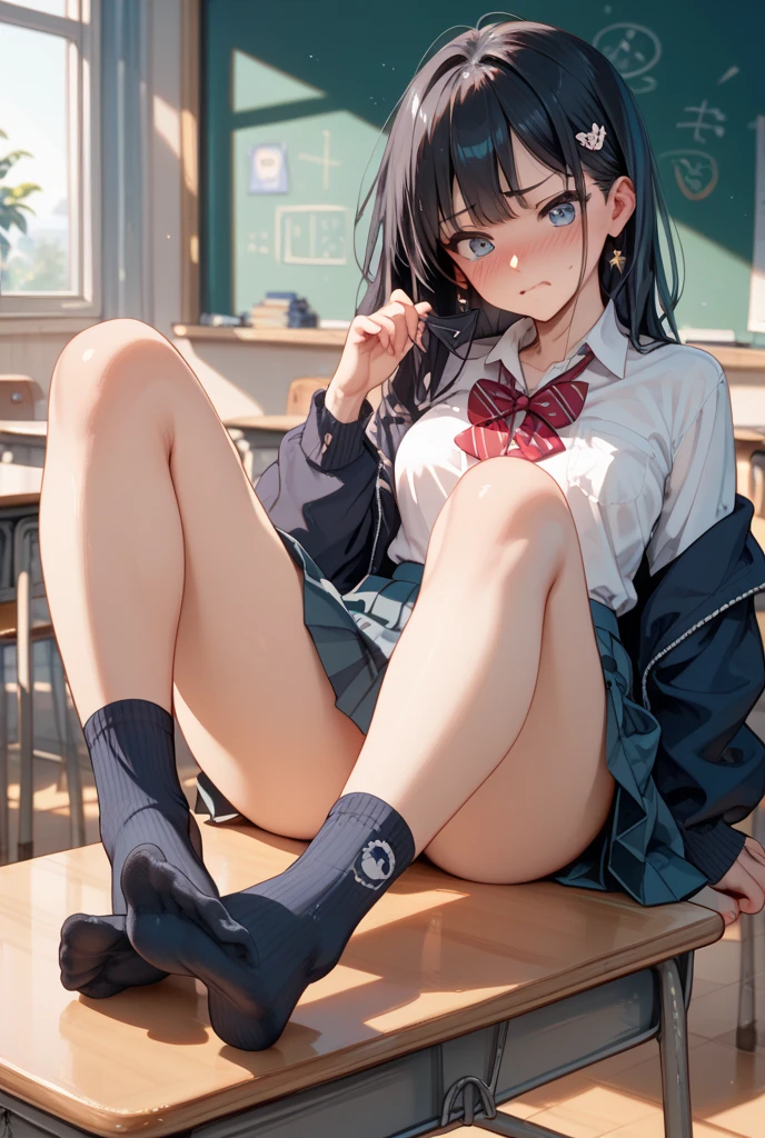 NSFW,4K,Gal:1.3,Anatomically correct,school uniform:1.3,A pure and innocent girl, Very cute face, Like an idol, (masterpiece:1.2), (high quality), panties, loose socks, Hip, Blue Skirt, alone, Blazer Type, loose socks, Lifting clothes, Brown eyes, pure gaze, mini skirt, Lift yourself up, Check skirt, blush,((Mid-chest)), (Sweating profusely), Long Hair, physical education, Beautiful legs, ((in the train))
