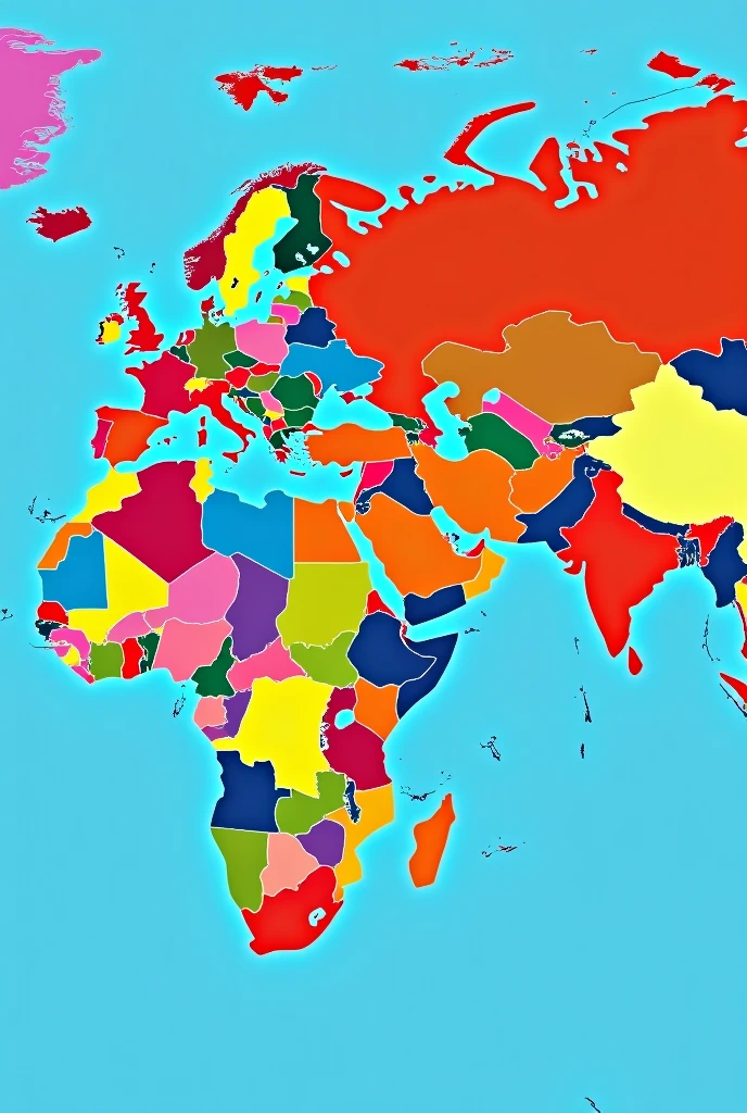 Draw me a world map。Be realistic，Concise wind，Now the color is too dark，Give me brighter colors，And the borders do not need to be marked in black。Background color is better。And each country has a different color to distinguish。
