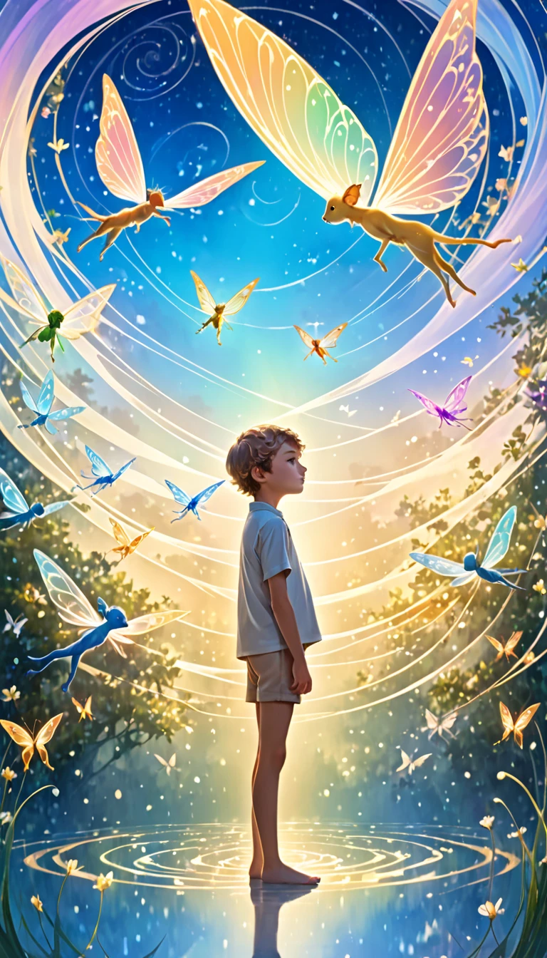 Tiny, winged creatures with iridescent colors dance around the glowing tree. Ton reaches out a hand, and one of the creatures' lands gently on his the teenager boy with a bright mop of unruly, sandy brown hair, He is wearing a crisp, school uniform with a white shirt and a black-tie finger.