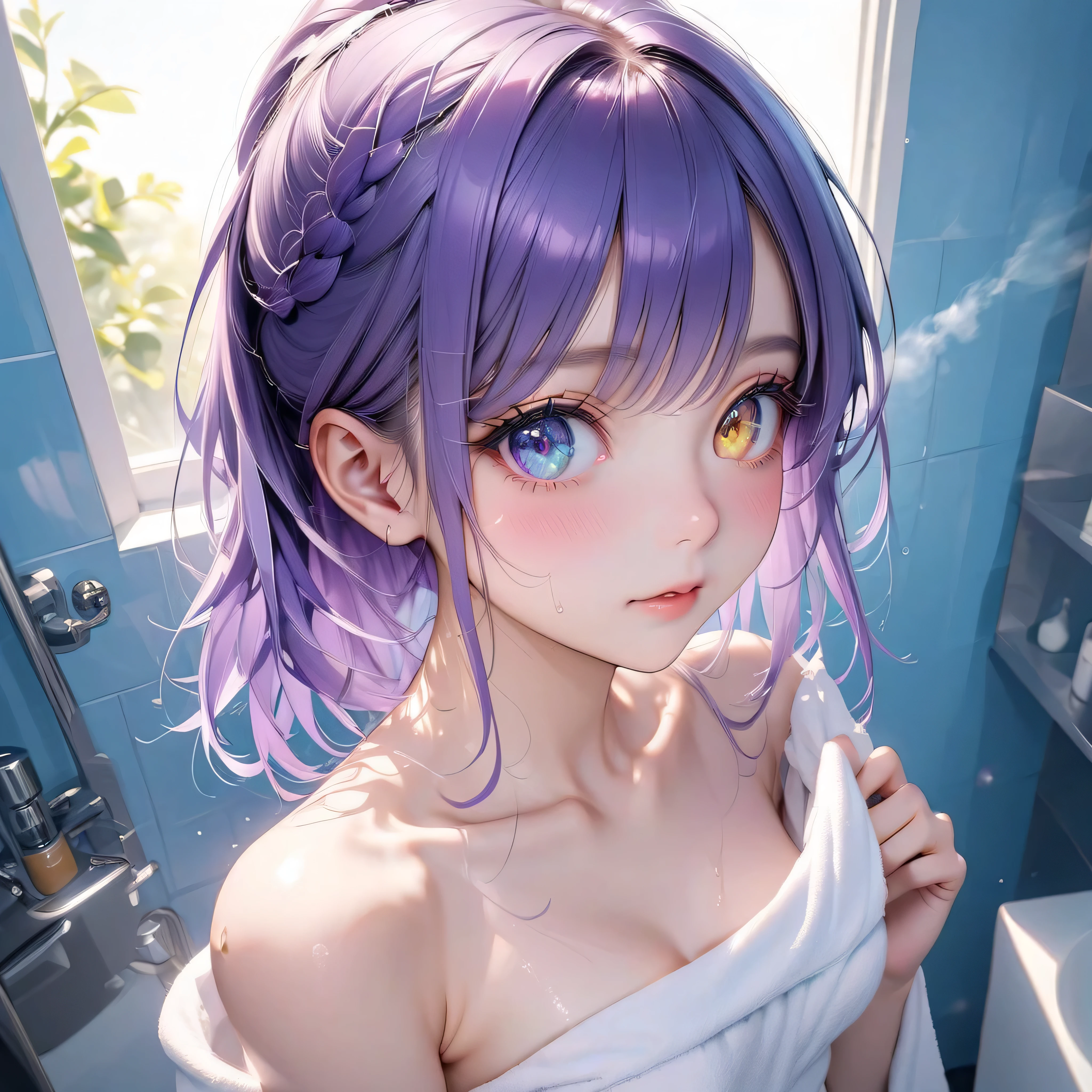 Best quality, 8K, best quality, masterpiece,((holding a beer jockey in one hand)), ((heterochromia, golden eyes, blue eyes)), ((shining exquisite eyes)), (very narrow eyes), (long platinum and purple hair), princess cut, ((smooth, translucent white skin)), shining skin, very white skin, ((very beautiful face, pretty face)), ((small breasts)), ((anatomically correct depiction)), ((detailed depiction down to the fingertips)), ((changing clothes after a bath), ((body hidden by a towel)), nsfw, profile of one person, looking away, (fisheye lens 1.2x), naked towel, in the bathroom changing room, steam, sweat, wet, armpit, ((holding a beer jockey in one hand)), ((one hand behind head)), from above, starlight from the window, beautiful bathroom,special_eyes,(highly detailed), shiny_skin,intricate, vivid eyes, crystal eyes, detailed eyes, long eyelashes, beautiful eyes, beautiful face, beautiful hair,shine colorful,