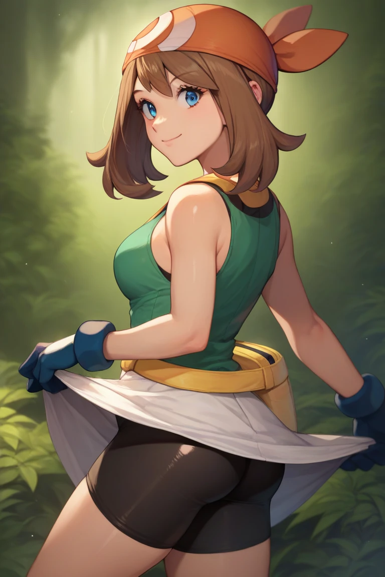 pkmnmay, blue eyes, brown hair, hair ribbon, red hair tie,((top is naked)), latex miniskirt, (I spread my crotch wide.), bracelet, looking at viewer, Serious, standing, high quality, masterpiece,