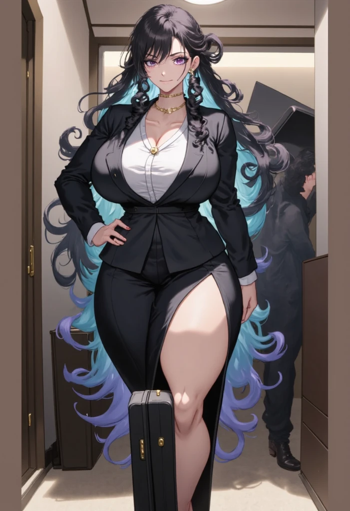(Masterpiece), Best Quality, ultra-detailed, 1girl (rinko_iori, Slender and sexy body, big and pretty breasts, dark blue hair, long wave hair, blue eyes), evil face, smirk,parted lips,mascara, full makeup, red lipstick, facing viewer, looking at viewer, solo, elegant tight evening dress, very tight dress, silver dress, sexy outfit, long slim and fit leg, big v neckline, 21thshirow, covered nipples, in the store, standing, Sexy waist teasing, a provocative pose, Full-body 