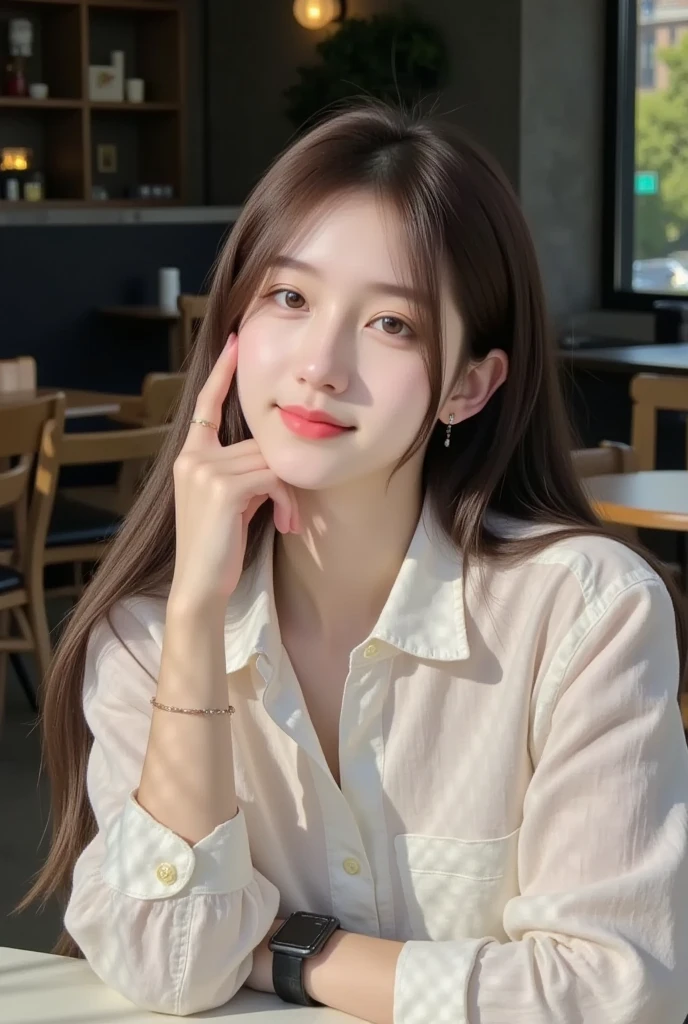 Highest quality、1 person、Perfect Face、Crew neck、White T-shirt、(flat chest:1.2)、Amateur sense、Reality、Narrow eyes、Small eyes、slender、Korean restaurant、
