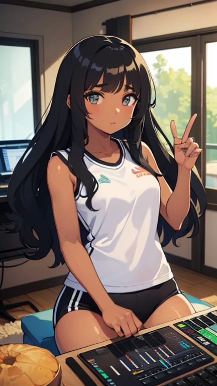 (beautiful detailed dark tan skin:1.7, beautiful dark-skinned female, tanned), (solo:2, 15 yo), (beautiful detailed blunt bangs:1.3), (beautiful detailed black hair long hair) (best beauty girl, sexy closed eyes, glossy lip, best sexy smile:1.1), in a gym uniform, navy blue buruma, break, in the school gym, BREAK, perfect anatomy, masterpiece, best quality, 16k, beautiful detailed summer, daydreaming expression.
