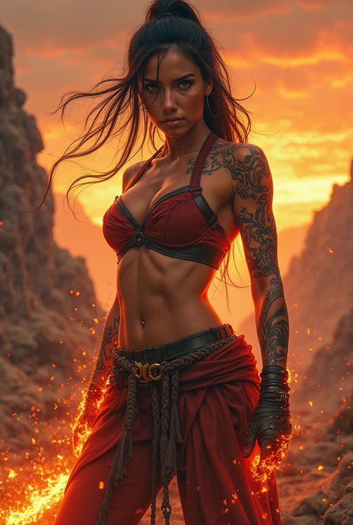Create a female hero with fire abilities who is semi-naked.