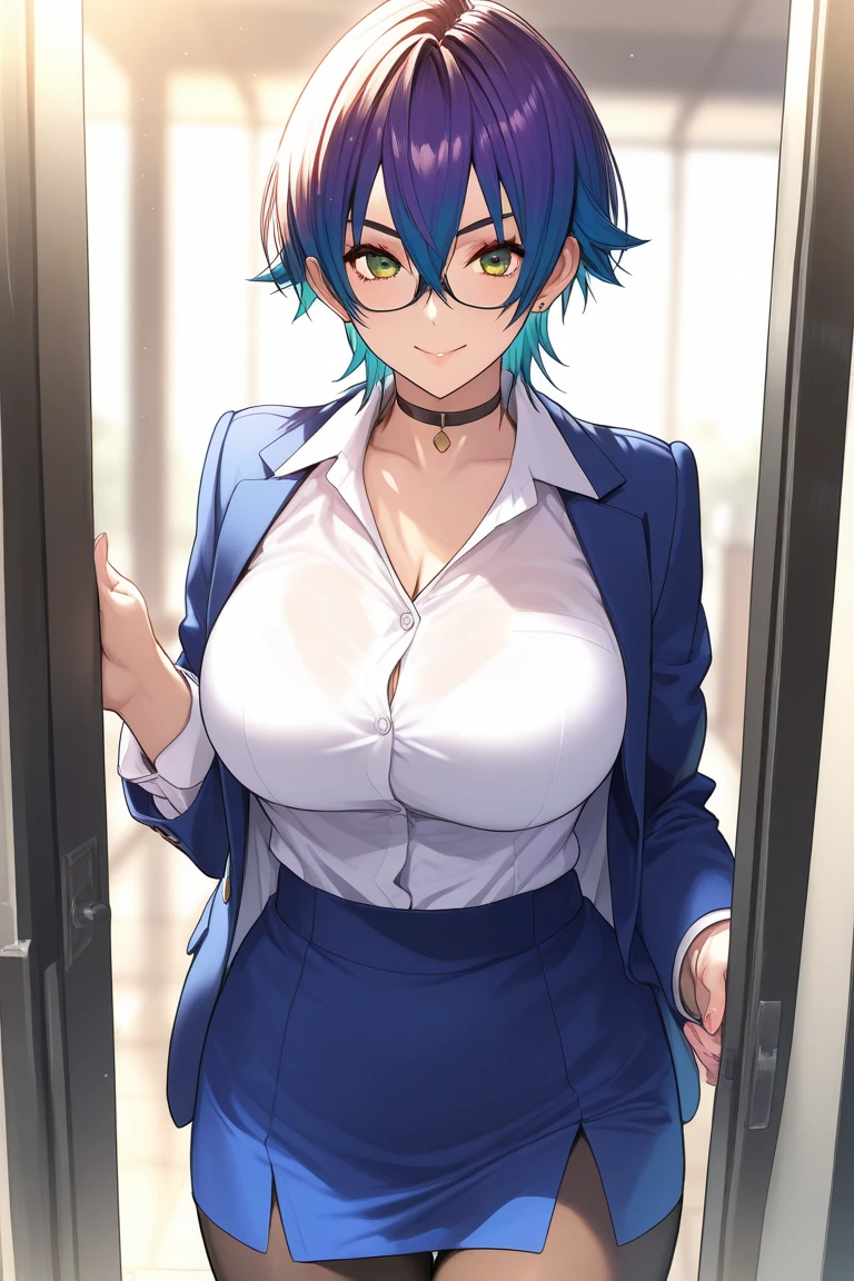 1girl, large breasts, wide hips, light blue hair, purple eyes, one eye covered, eyepatch, ((eyepatch)), very short hair, happy, bunny ears, black leotard, bunnysuit, pantyhose, necktie