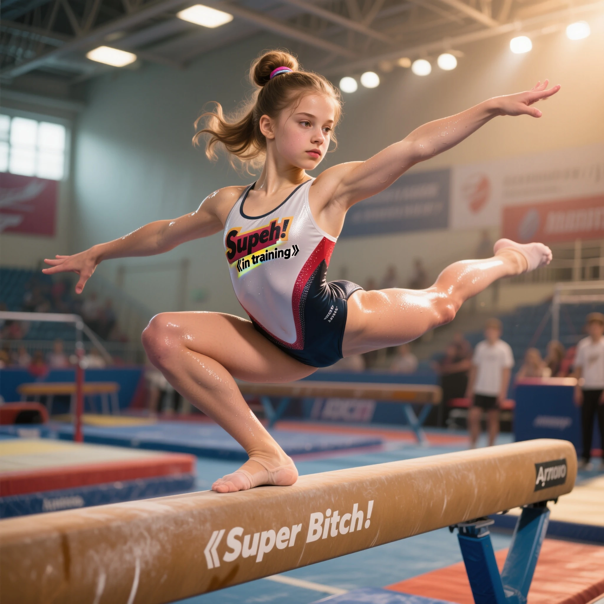 full body,photo of a 18 year old girl,happy,laughing,practicing Gymnastics,looking at viewer,blue eyes,shirt,denim pants,ray tracing,detail shadow,shot on Fujifilm X-T4,85mm f1.2,sharp focus,depth of field,blurry background,bokeh,lens flare,motion blur,<lora:add_detail:1>,