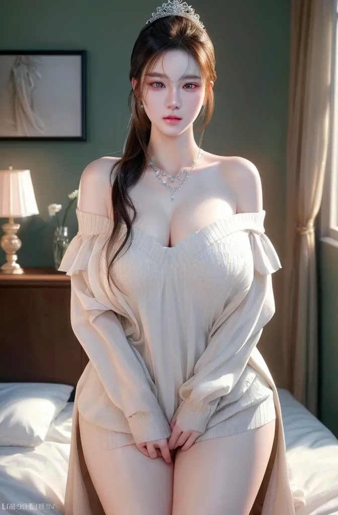 Best quality, masterpiece, ultra high res, photorealistic:1.5, raw photo, 1 girl, furrowed eyebrows, closing eyes, face turned sideways, looking at viewer, yosshi film ,babydoll dress, knee-high socks,off-shoulders, cleavage, show shoulders, deep shadow, low key, cold light, sexy look, bob hair, big breast: 1.3, show big thigh, plump body, (sit on the bed)