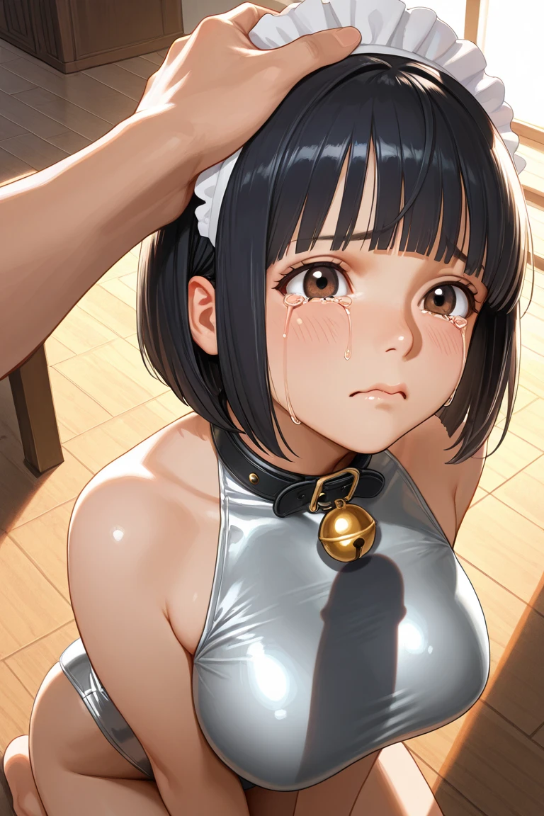 1girl, (((lactation))), ((projectile lactation)), , (Expressive eyes), (Perfect Face), ((cute)), Slanted Eyes, ((Baby Face)), (((female child))), (9 ye((Petite))), ((Flat Chest)), White skin, gleaming skin, Yellow eyes, Crying face, seductive smile, twin braids, black hair, Naked, collar, chain leash, ((Underground Prison)), Outdoor, (Sweat), drooling, Close up of upper body, detail perfect piece, 16k, (Best quality)