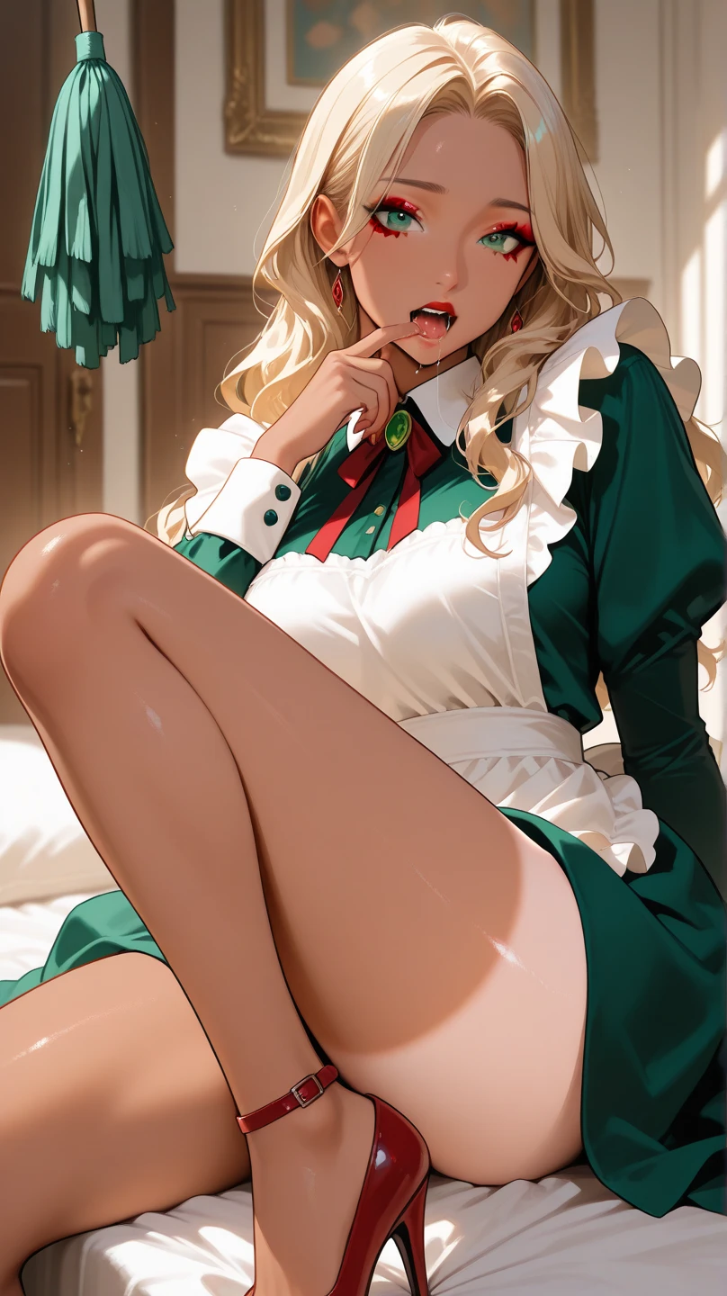 (((Horse Girl))), (((Fine Motion))), Thighs, sitting on a luxurious red sofa, (((Panties are slightly visible))), smile, Dress like a young lady, (((Green panties))), High resolution, Knees up, (((Ecstatic expression))), (Thighs)、Top quality eyes, Detailed Texture, Looking at the camera,