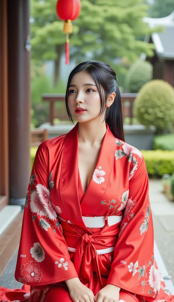 Beautiful woman in a red patterned kimono、Black Bra、Japan