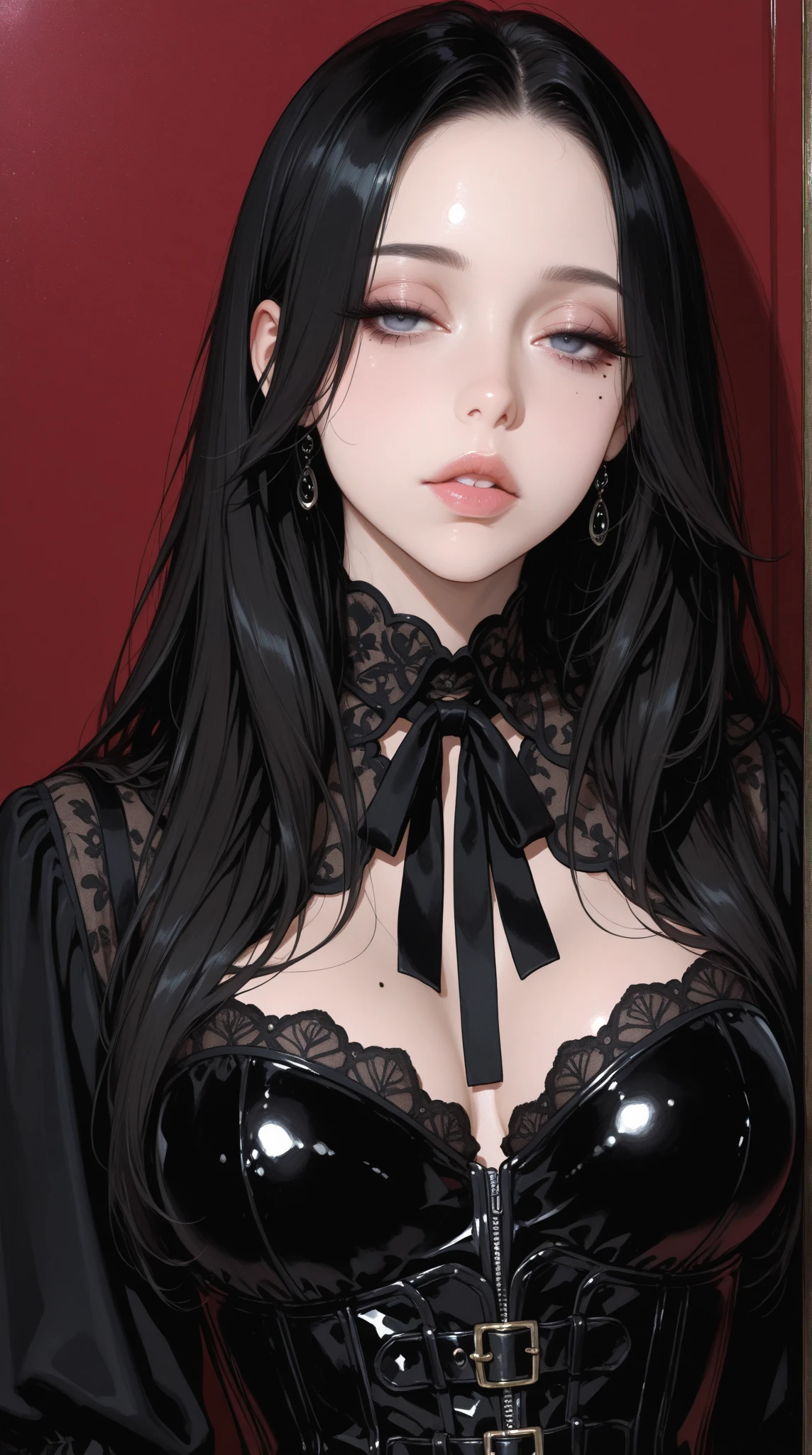 (best quality,4k,highres,masterpiece:1.2),ultra-detailed,realistic,portrait,black long hair,piercing red eyes,displeased expression,big breasts,black blouse,black pants,dark atmosphere,mystery,dark lighting