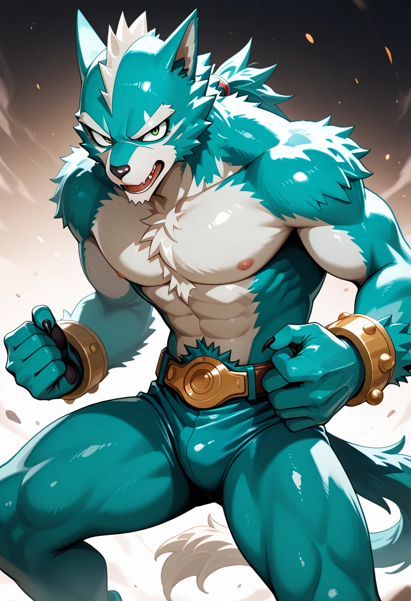 4masterpiece, best quality, nj5furry ,furry male, 1boy, furry, character focus, solo, animal ears, formal, wolf ears,wolf boy, shyness , blue fur, white fur, white belly, two-tone fur, cute face, blue eyes, thick white eyebrows, exposed upper body, muscular, strong pecs and abs, blue tail, blue ears, white fundoshi, barefoot, furry chest, furry neck, furry arms, furry feet, anthro(wolf), detailed face, detailed eyes, detailed, panorama, full body shot, front view, no bad hands, no gloves,
